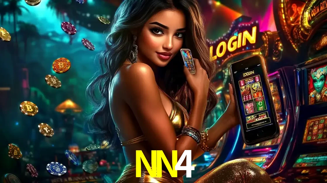 Mulher em um cenário de cassino temático de aventura, mostrando o app de caça-níqueis da NN4 no celular. Fichas de apostas flutuam ao redor.