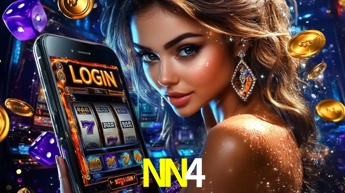 Mulher glamorosa segurando um smartphone com a tela de login para os jogos de caça-níqueis do cassino online NN4, com moedas de ouro e dados ao redor.