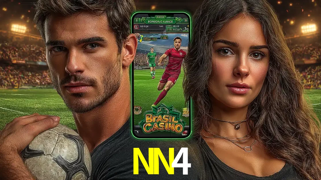 Homem segurando uma bola de futebol e uma mulher ao lado de um smartphone exibindo o jogo de apostas esportivas da NN4. Faça seu palpite no cassino online.